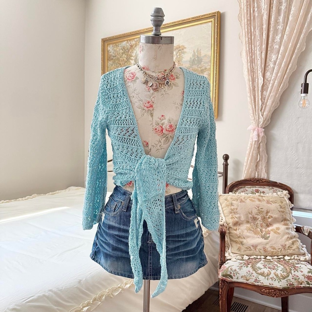 Y2K Faded Glory size small blue crochet knit wrap top